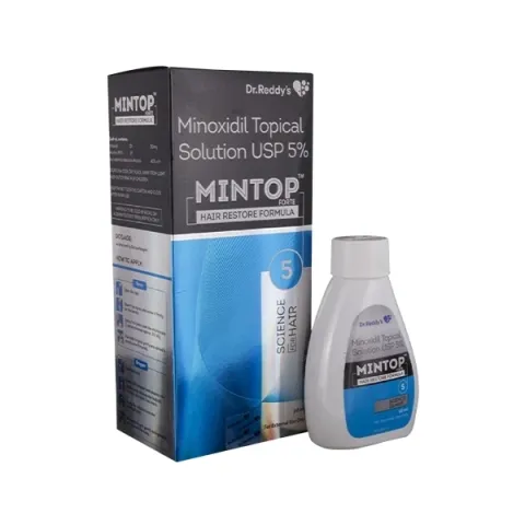 Mintop Minoxidil 5% topical solution bottle next to its product packaging box.