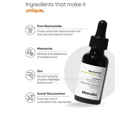 Minimalist Minimalist Niacinamide 10% Face Serum with Matmarine, Zinc & Acetyl Glucosamine for Acne Prone & Oily Skin 30ml - Buy Online at Drubotara Bangladesh