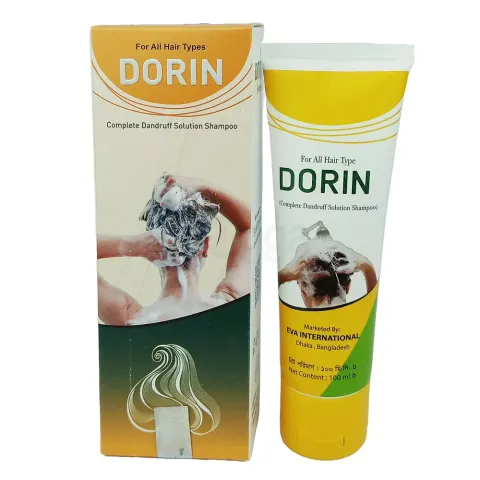Dorin shampoo tube and box with yellow and green accents, showing person washing hair.