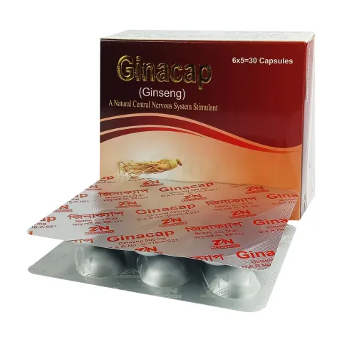 Box of Ginacap ginseng capsules with a blister pack in front.