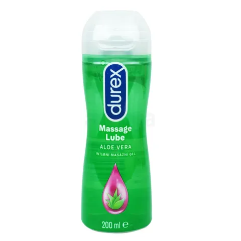Green bottle of Durex Massage Lube Aloe Vera with a clear cap.