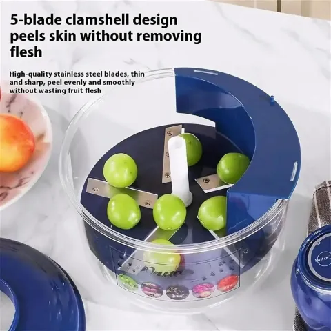 Five-blade fruit peeler with green apples inside on a kitchen counter.