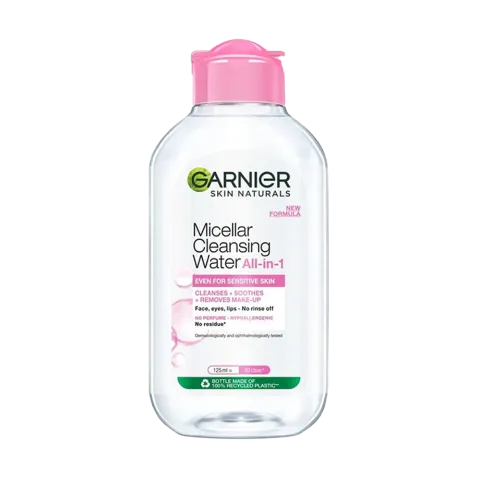 Garnier Micellar Cleansing Water bottle with pink cap and clear liquid inside.