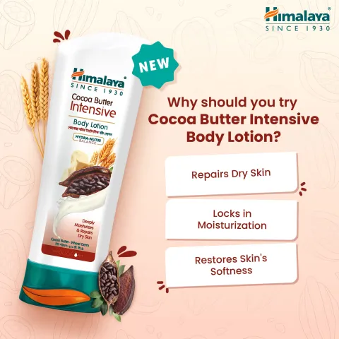 Himalaya Cocoa Butter Intensive Body Lotion tube with cocoa and wheat accents on a light background.