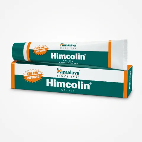Himcolin gel tube and box with teal and white packaging, brand logo visible.