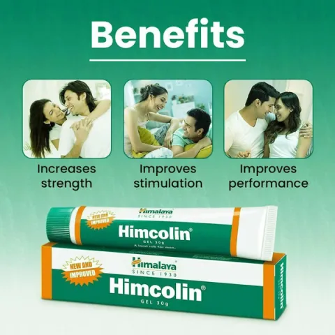 Himcolin gel packaging with images of couples and listed benefits on a green background.