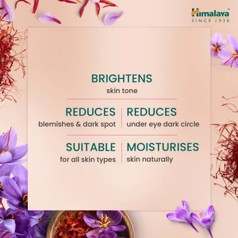 Himalaya logo with saffron flowers and benefits of a skincare product on a beige background.