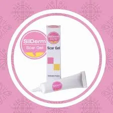 SilDerm Scar Gel packaging with a pink and white design in a circular frame.