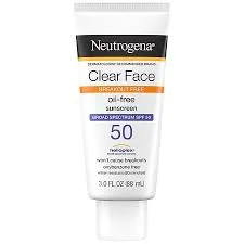 Neutrogena Clear Face sunscreen tube with SPF 50 label on a white background.