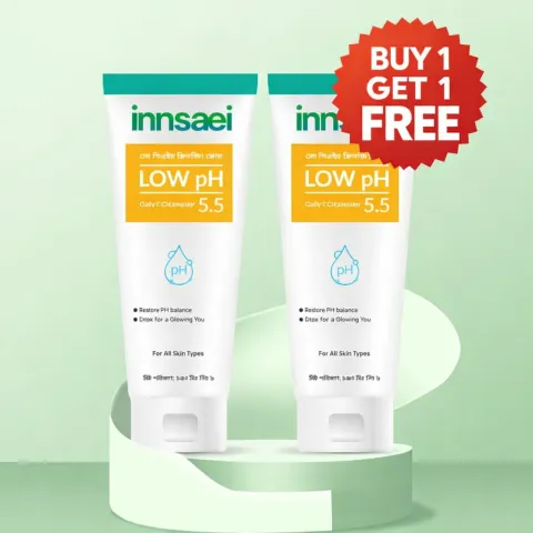 Two tubes of innsaei Low pH 5.5 cleanser with a buy one get one free badge.