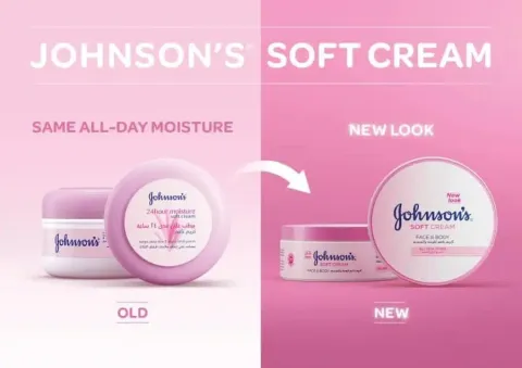 Two Johnson’s Soft Cream jars showing old and new packaging in pink and white.