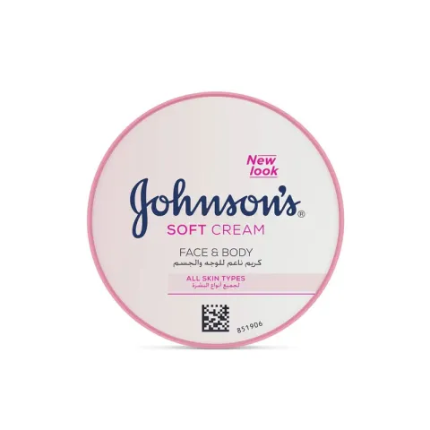 Johnson's Soft Cream face and body cream container with pink and blue accents.