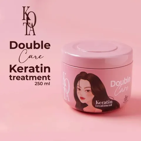 Pink jar of Double Care Keratin treatment with illustrated woman on the label.