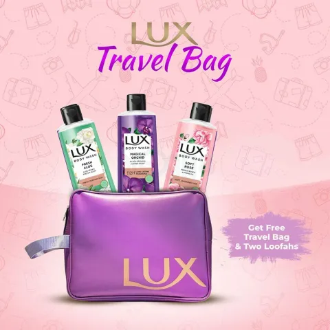 Purple Lux travel bag with three Lux body wash bottles in green, purple, and pink.