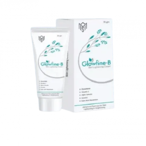 Glowfine-B cream tube and box with teal accents and a leaf design on white packaging.