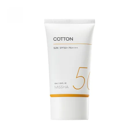 White tube of Missha Cotton sunscreen with orange and black text.