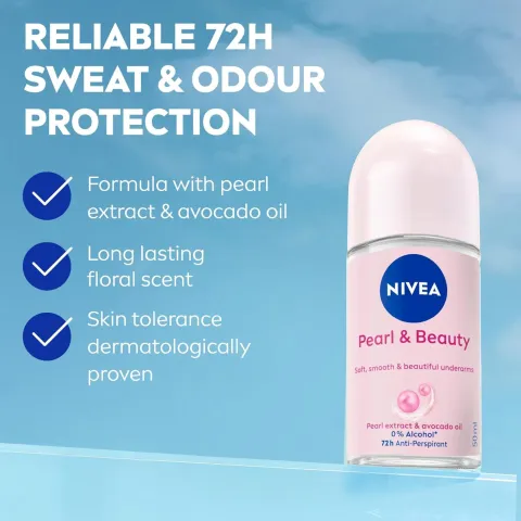 Nivea Pearl & Beauty roll-on deodorant on a blue background with product benefits listed.