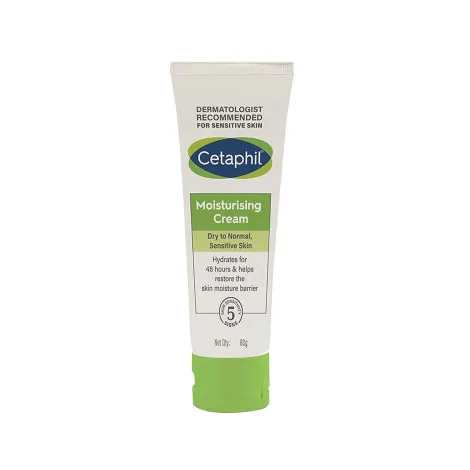 Cetaphil moisturizing cream tube with green cap on a white background.