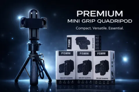Mini grip tripod stands next to stacked product boxes on a glowing blue background.