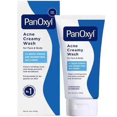 PanOxyl Acne Creamy Wash tube and box with blue and white packaging.