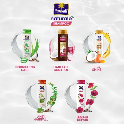 Five varieties of Naturale shampoo bottles with related natural ingredients displayed.