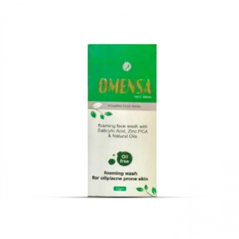 Omessa face wash packaging with green and white design and leaf graphics.