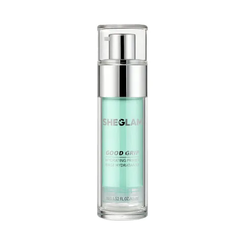 Clear bottle of skincare serum with a silver pump and light blue liquid inside.