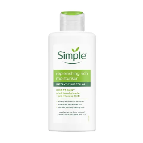 Simple Replenishing Rich Moisturiser white plastic bottle with green cap and label.