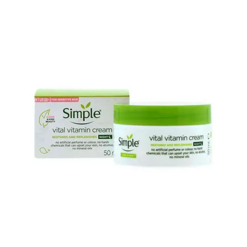 Simple Vital Vitamin Cream jar and box with green and white packaging.