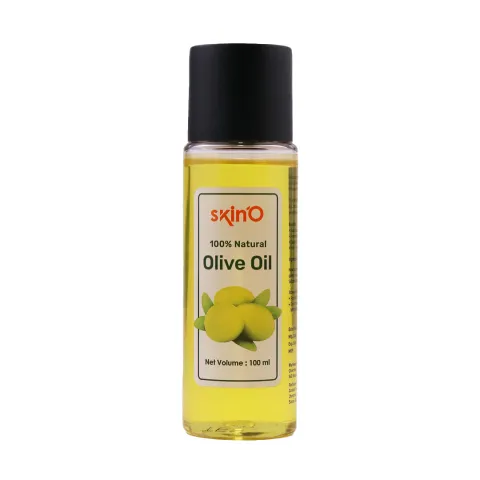 Small bottle of olive oil with a black cap and a yellow label featuring olives.