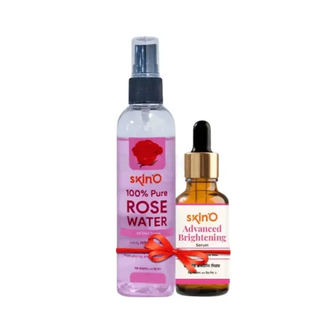 Two skincare products: a rose water spray and a dropper bottle of serum.