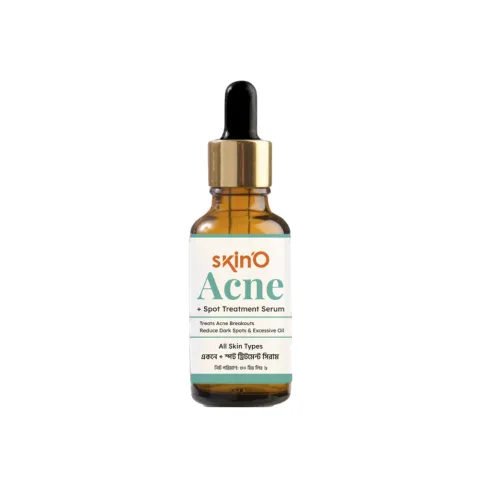 Amber glass dropper bottle labeled SkinO Acne spot treatment serum on white background.