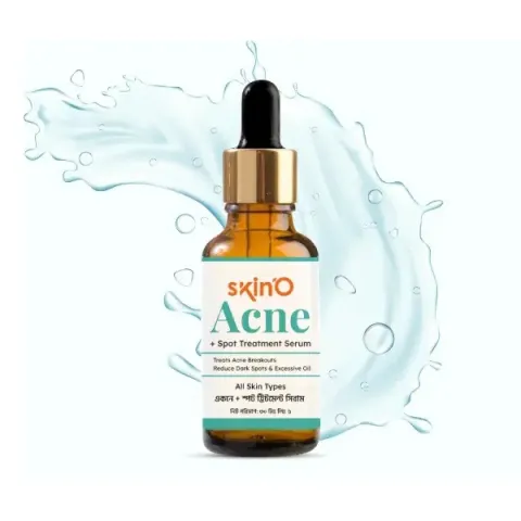 Brown dropper bottle labeled acne serum with water splash in the background.