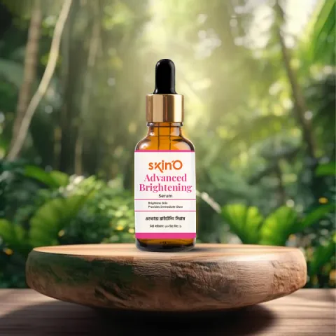 Serum dropper bottle on a wooden surface with lush green forest background.