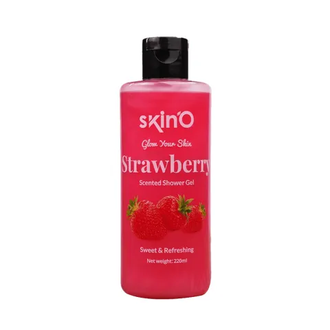 Pink bottle of SkinO Strawberry Scented Shower Gel with black cap and strawberry images.