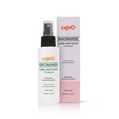 SkinO Niacinamide toner spray bottle next to matching product box on white background.