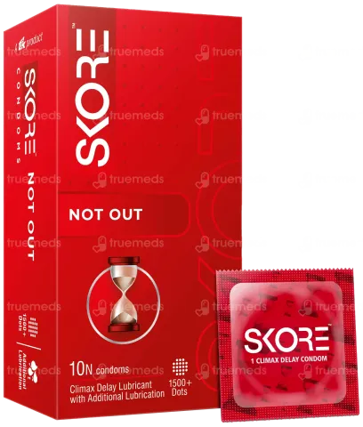 Red SKORE Not Out condom packaging box with a single condom wrapper beside it.