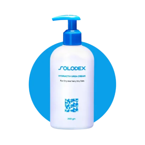 White SOLODEX pump bottle with blue cap and label on a blue circle background.