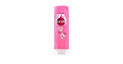 Pink Sunsilk shampoo bottle with white cap on a plain background.