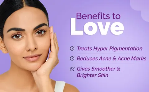 Woman touching her face with benefits of skincare listed on a purple background.