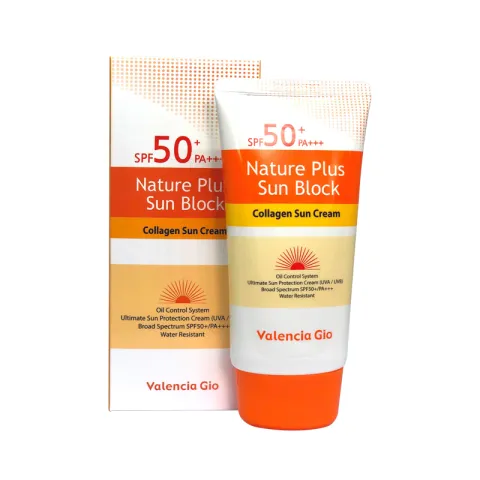 Tube and box of Nature Plus Sun Block SPF 50+ with orange and cream packaging.