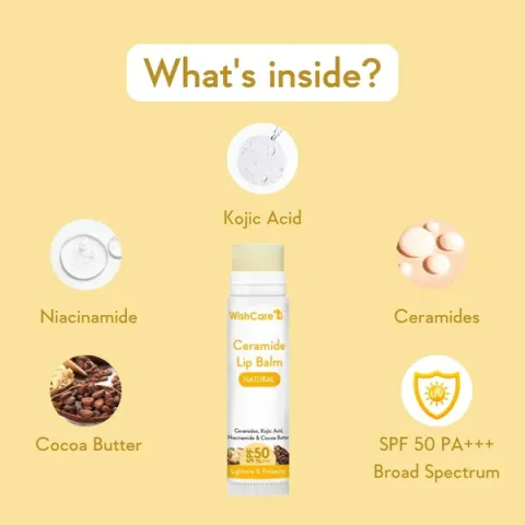 Yellow product label with key ingredients: niacinamide, kojic acid, ceramides, cocoa butter, SPF 50.