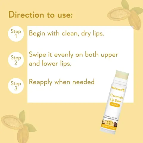 Lip balm tube with step-by-step usage instructions on a yellow background with leaf accents.