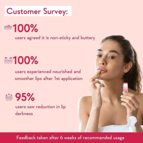 Woman applying lip balm with product statistics on a pink background.