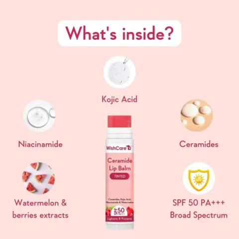 Ceramide lip balm packaging with key ingredients shown: kojic acid, niacinamide, ceramides, SPF 50.