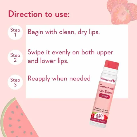 Watermelon lip balm tube next to step-by-step usage directions on a pink background.