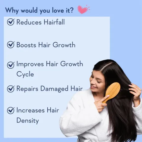 Woman brushing long dark hair, next to a list of hair care benefits on a blue background.