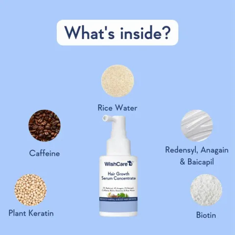 Hair serum bottle with labeled ingredients: rice water, caffeine, plant keratin, biotin, peptides.