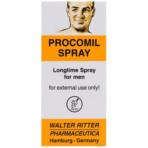 Procomil Spray packaging with a man's face and orange accent labels.