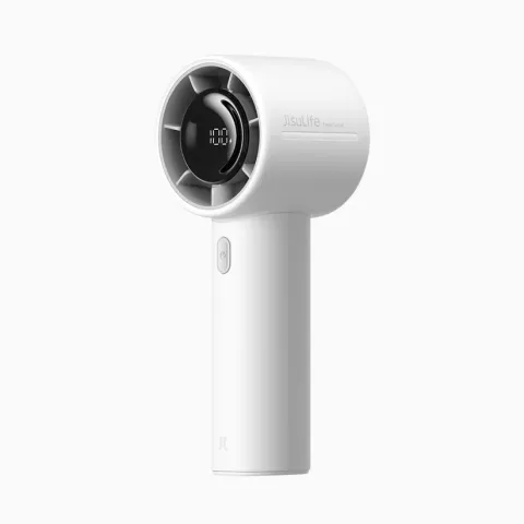 White handheld hair dryer with a modern, minimalist design against a plain background.